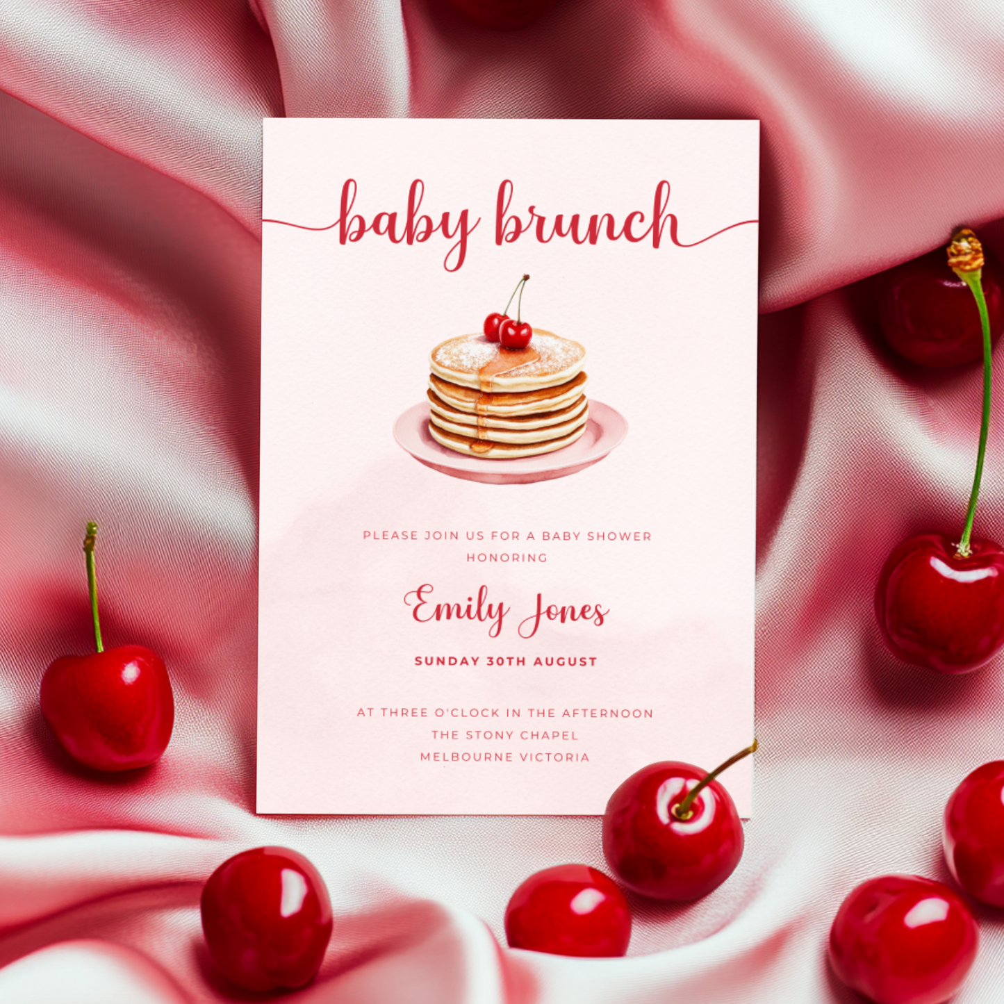 Baby Shower Invitation - Baby Brunch Pink Pancake with Cherry BS184
