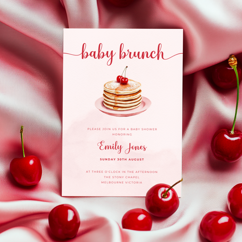 Baby Shower Invitation - Baby Brunch Pink Pancake with Cherry BS184
