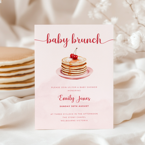 Baby Shower Invitation - Baby Brunch Pink Pancake with Cherry BS184