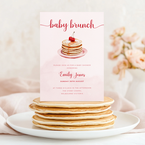 Baby Shower Invitation - Baby Brunch Pink Pancake with Cherry BS184