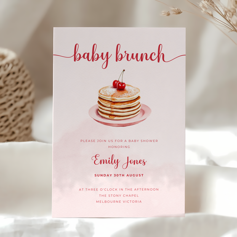 Baby Shower Invitation - Baby Brunch Pink Pancake with Cherry BS184