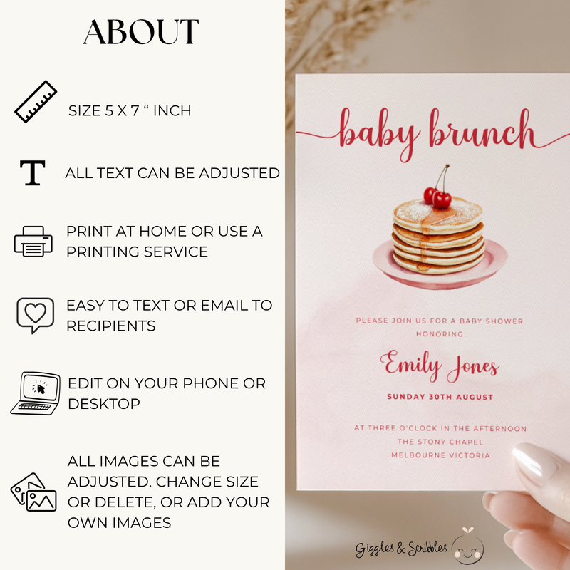 Baby Shower Invitation - Baby Brunch Pink Pancake with Cherry BS184