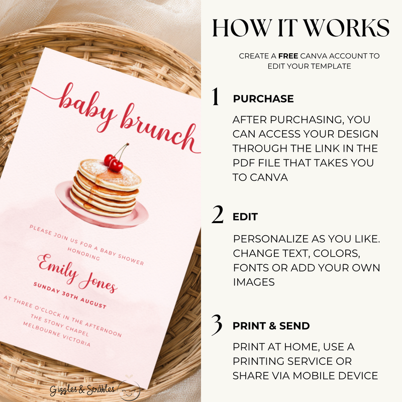 Baby Shower Invitation - Baby Brunch Pink Pancake with Cherry BS184