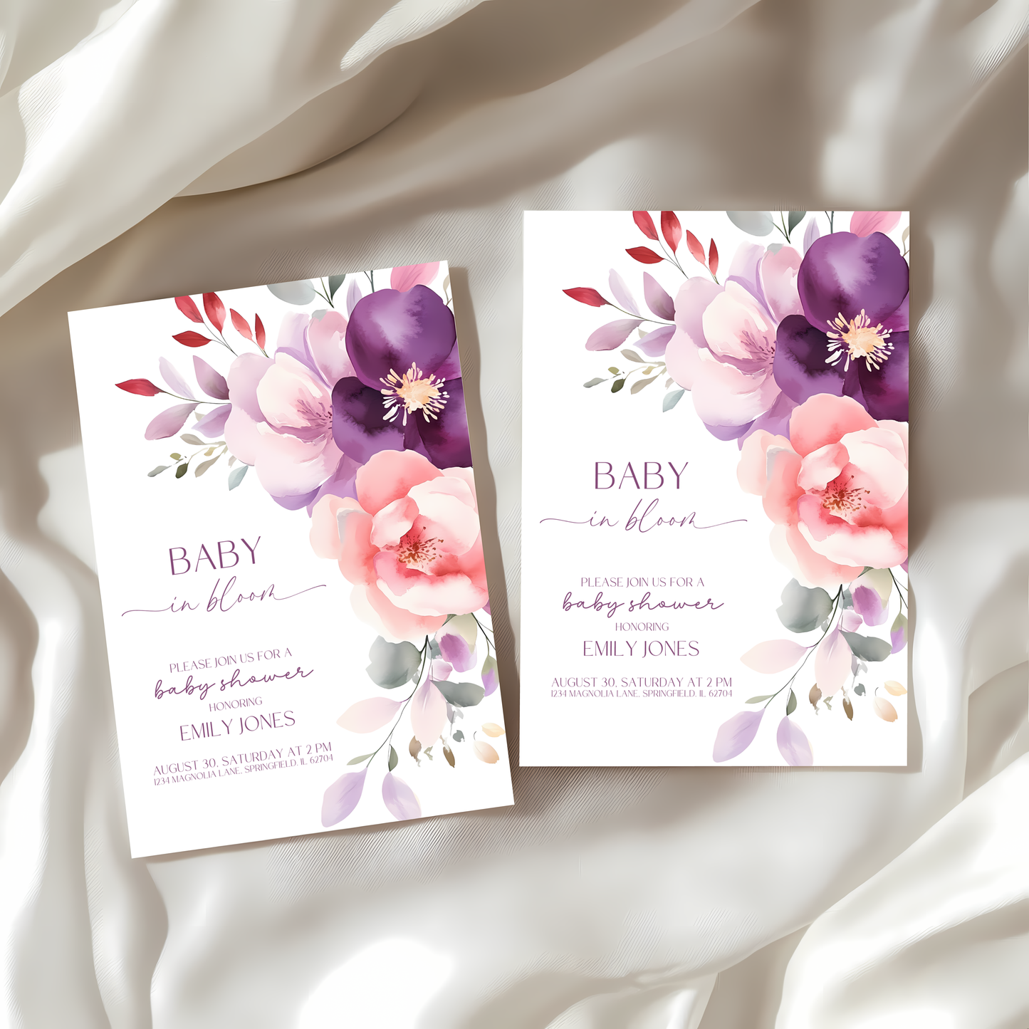 Baby Shower Invitation - Baby In Bloom Pink Purple Flowers BS46