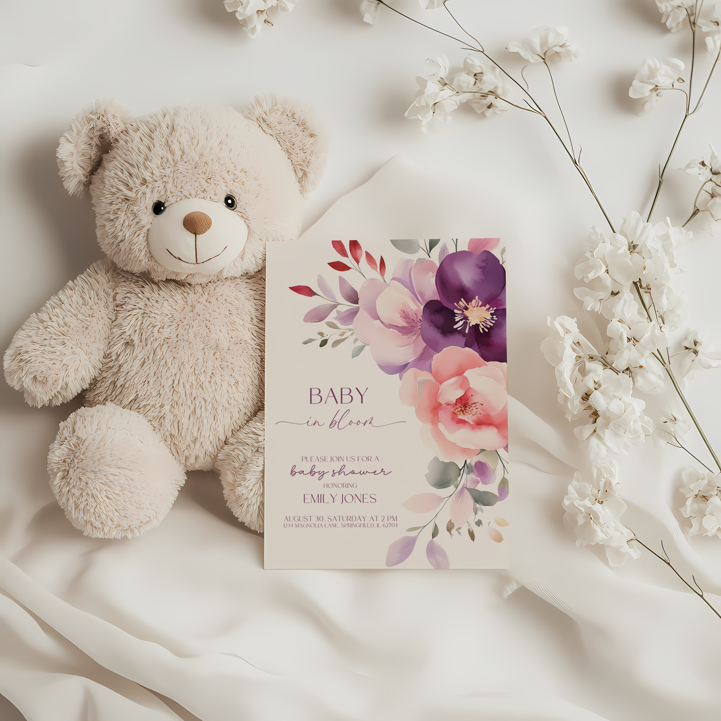 Baby Shower Invitation - Baby In Bloom Pink Purple Flowers BS46