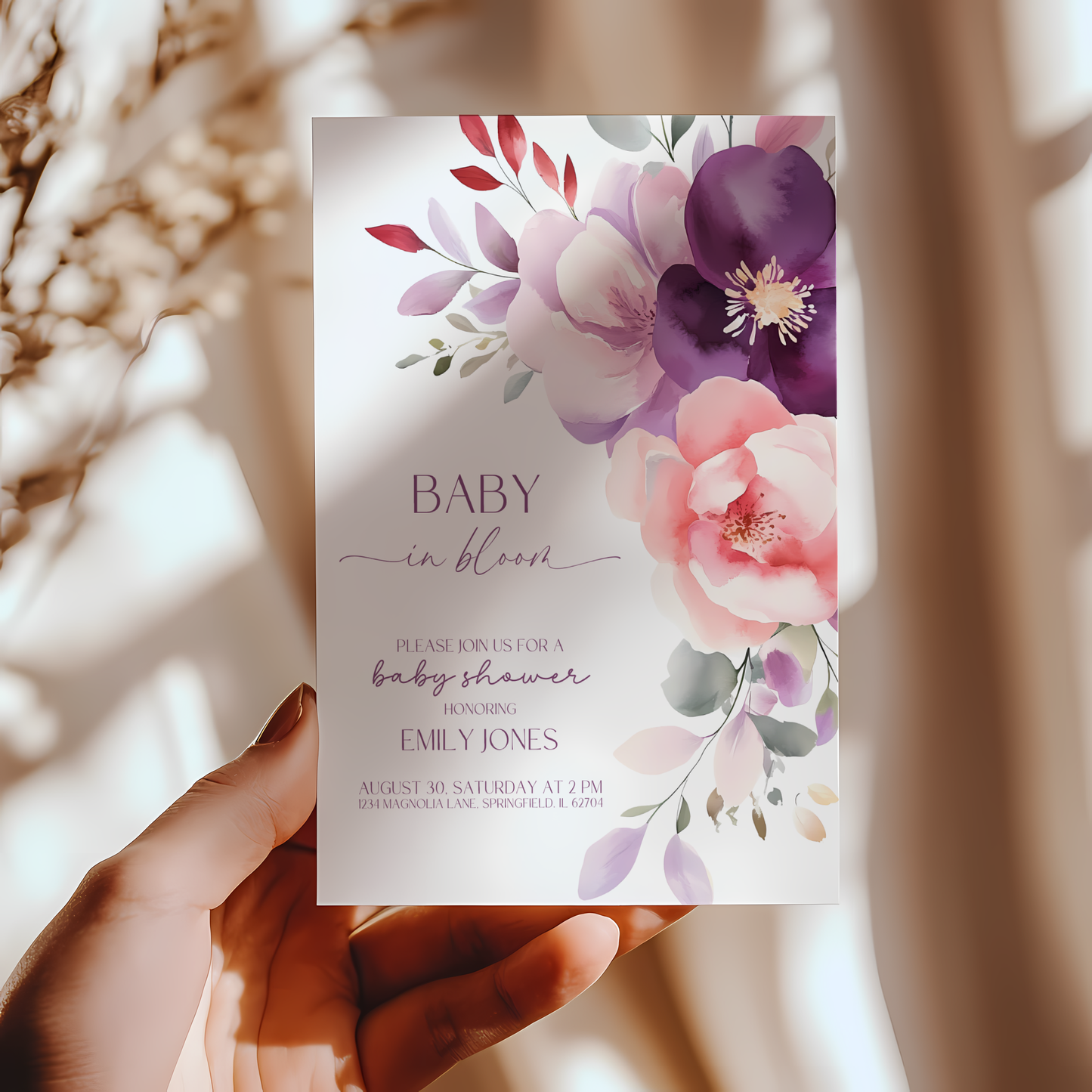 Baby Shower Invitation - Baby In Bloom Pink Purple Flowers BS46