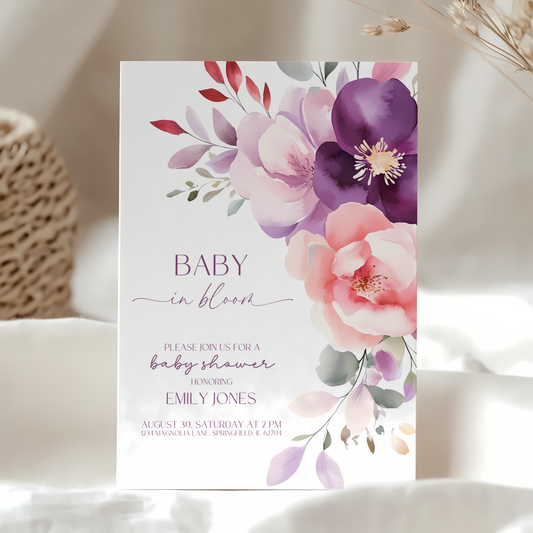 Baby Shower Invitation - Baby In Bloom Pink Purple Flowers BS46