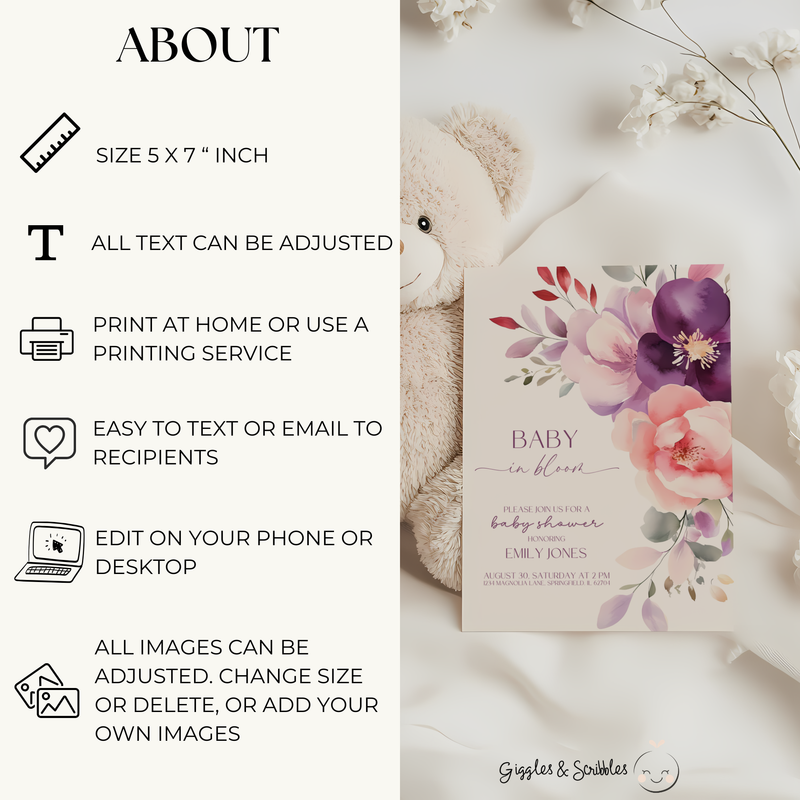 Baby Shower Invitation - Baby In Bloom Pink Purple Flowers BS46