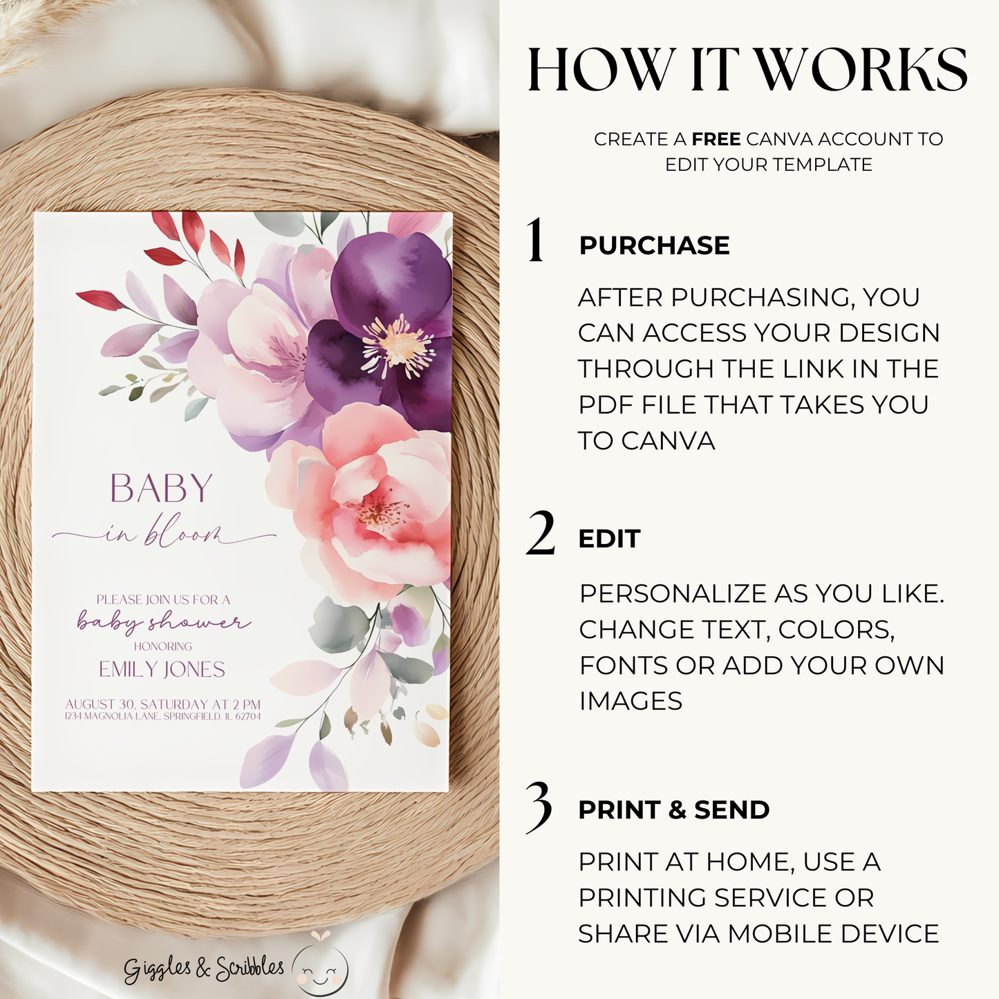 Baby Shower Invitation - Baby In Bloom Pink Purple Flowers BS46