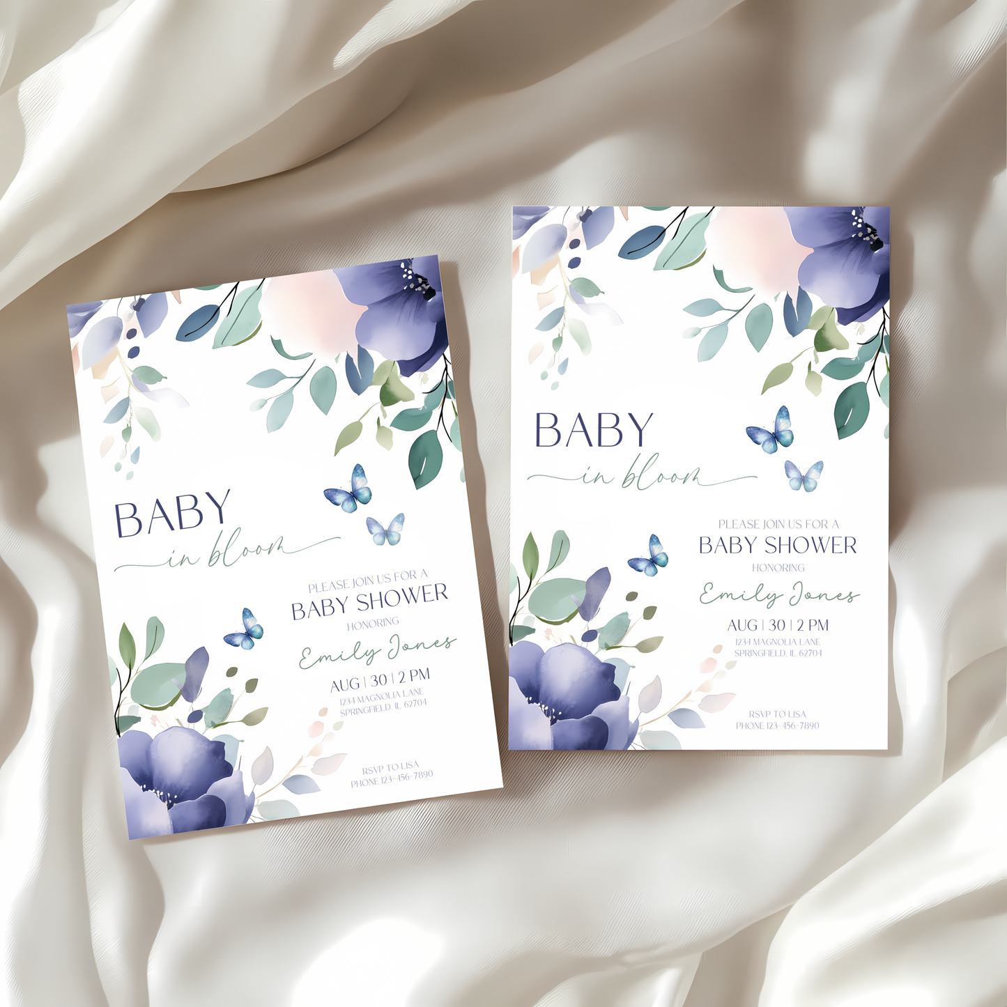 Baby Shower Invitation - Baby In Bloom Blue Green Flowers Butterflies BS47