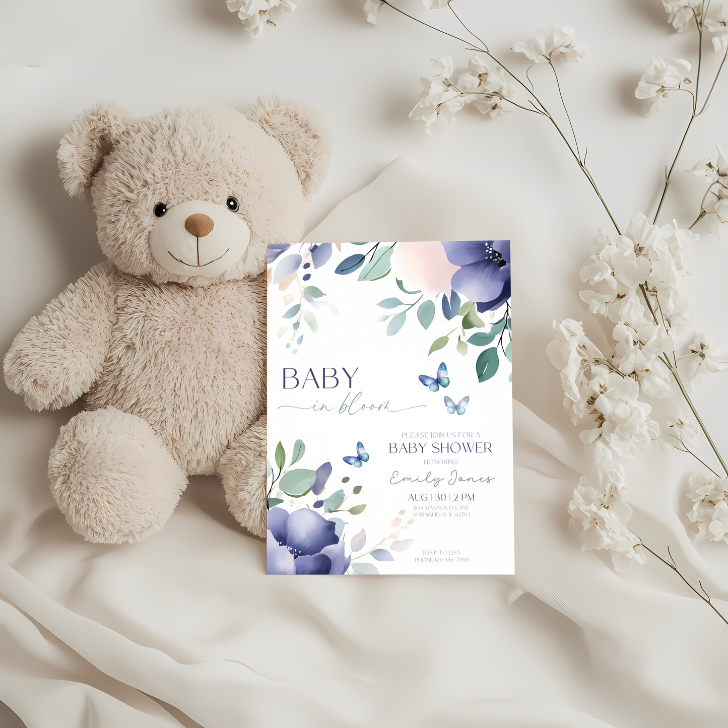 Baby Shower Invitation - Baby In Bloom Blue Green Flowers Butterflies BS47