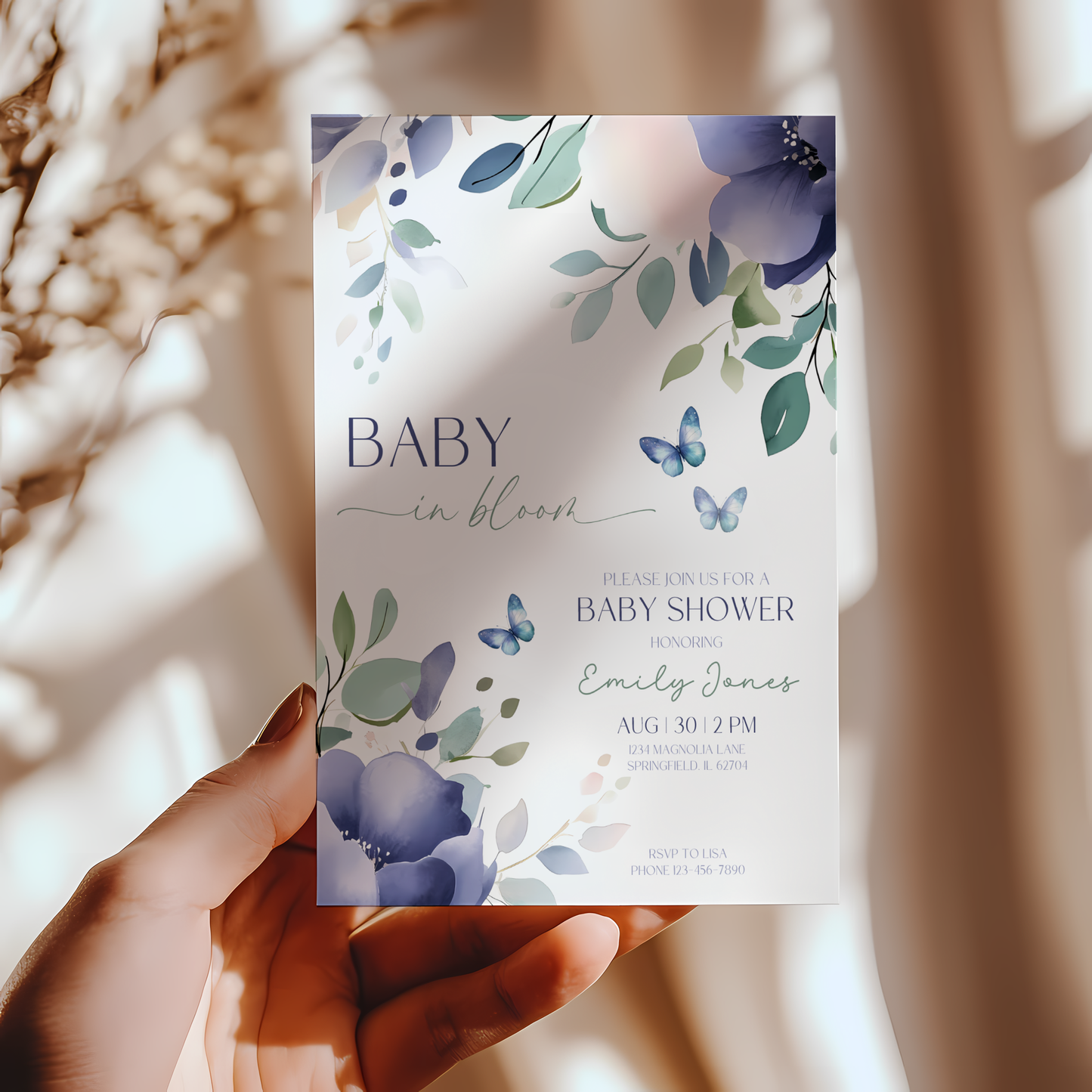 Baby Shower Invitation - Baby In Bloom Blue Green Flowers Butterflies BS47