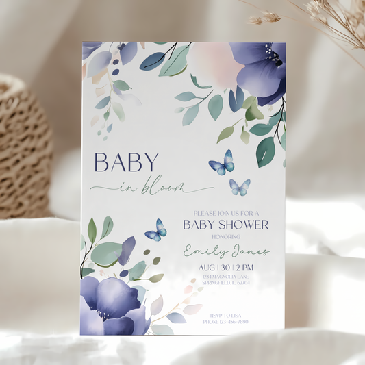 Baby Shower Invitation - Baby In Bloom Blue Green Flowers Butterflies BS47