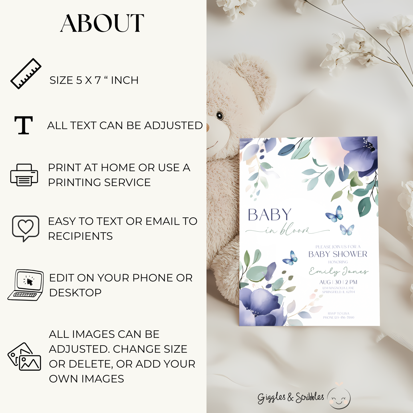 Baby Shower Invitation - Baby In Bloom Blue Green Flowers Butterflies BS47