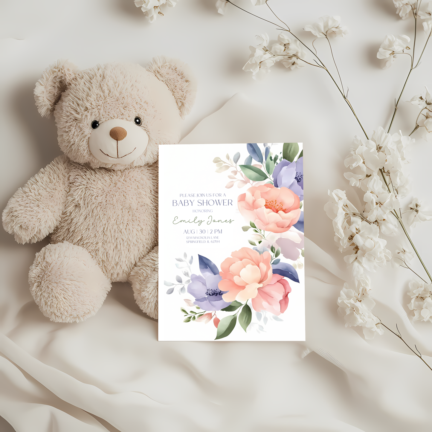 Baby Shower Invitation - Baby In Bloom Pastel Flowers BS48