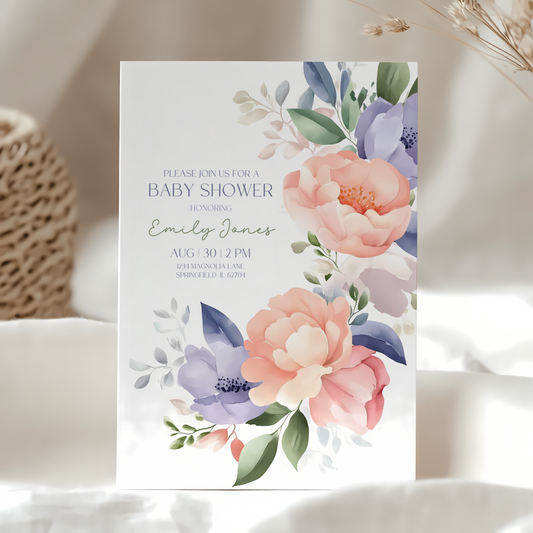 Baby Shower Invitation - Baby In Bloom Pastel Flowers BS48