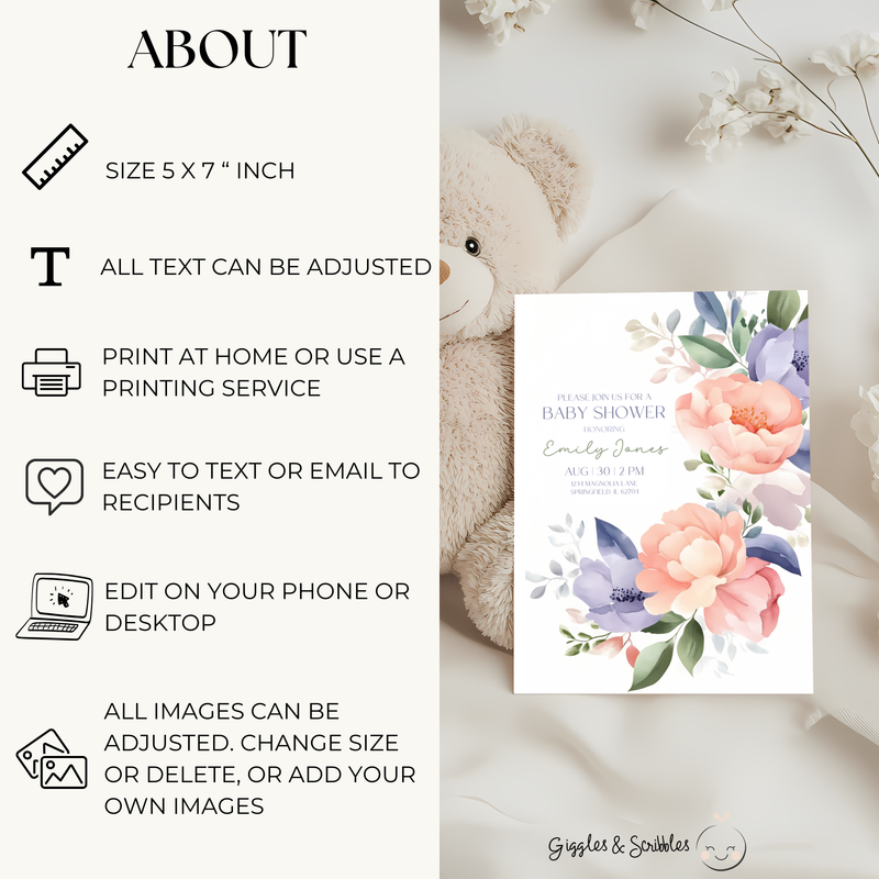 Baby Shower Invitation - Baby In Bloom Pastel Flowers BS48