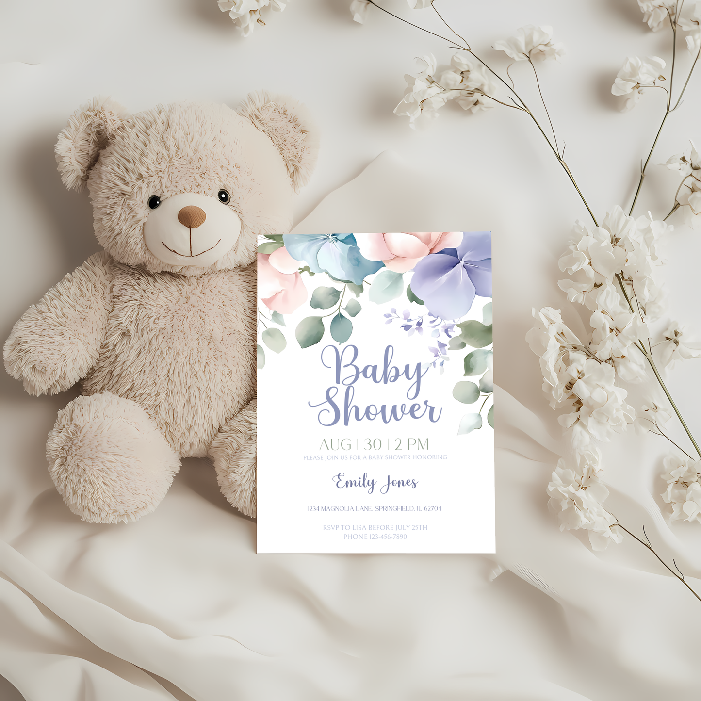 Baby Shower Invitation - Pastel Flowers Minimalistic BS49