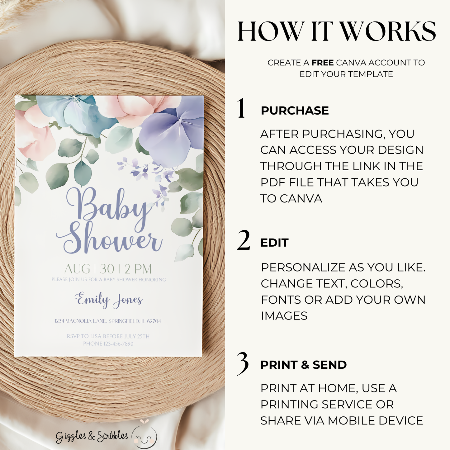 Baby Shower Invitation - Pastel Flowers Minimalistic BS49