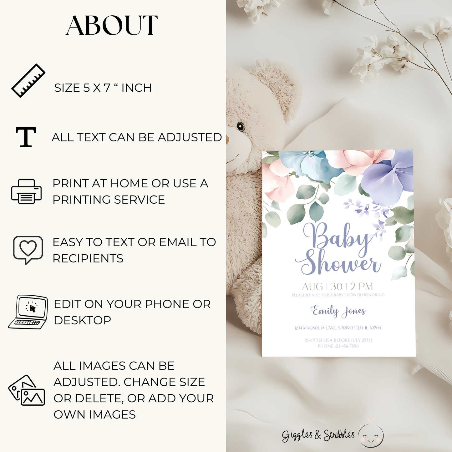Baby Shower Invitation - Pastel Flowers Minimalistic BS49