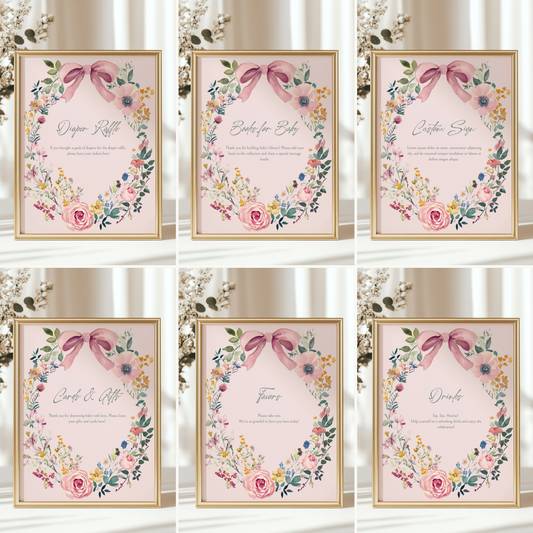 Baby Shower Table Sign Bundle - Blush Pink Baby In Bloom Vintage Floral Bow BS71
