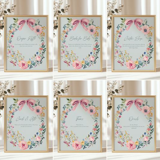 Baby Shower Table Sign Bundle - Baby In Bloom Sage Green Vintage Floral BS71
