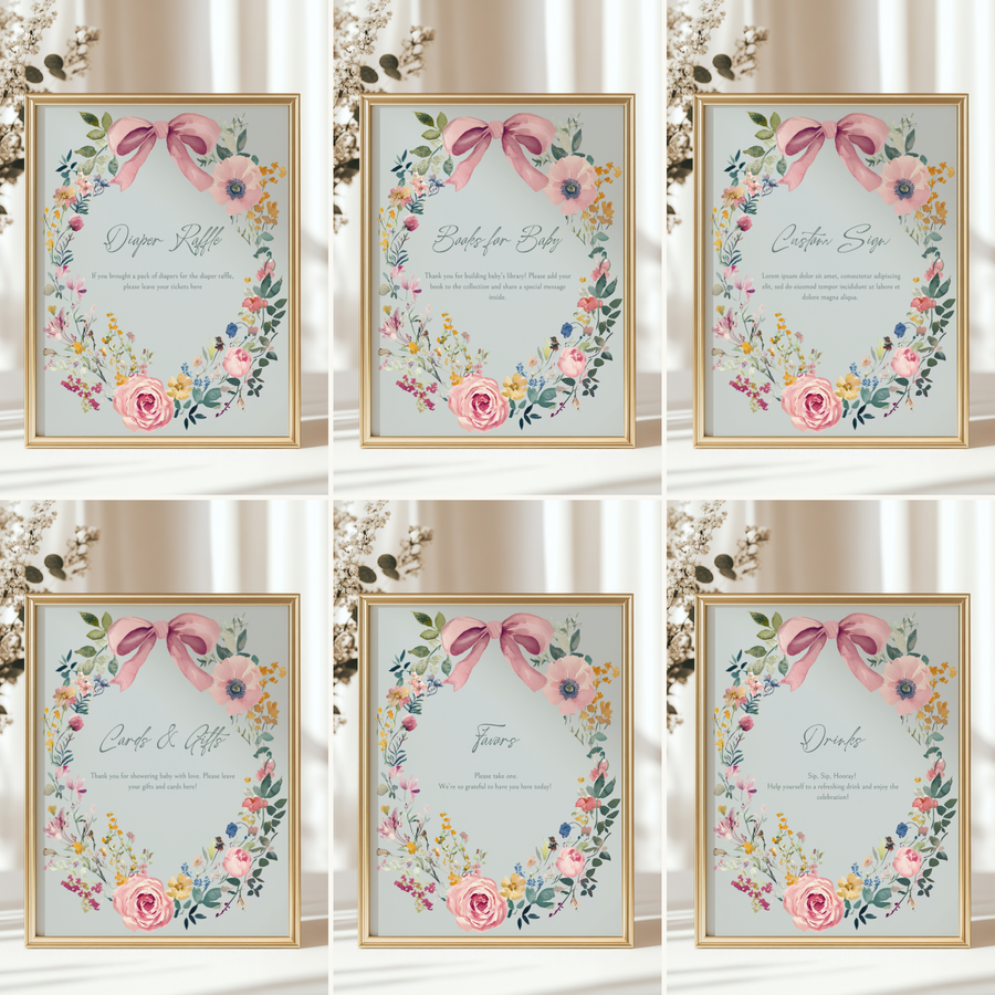 Baby Shower Table Sign Bundle - Baby In Bloom Sage Green Vintage Floral BS71