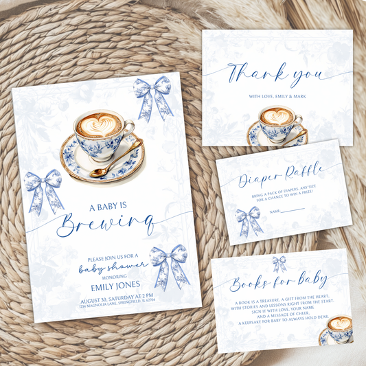 Baby Shower Invitation Bundle - Baby Is Brewing Blue Toile de Jouy BS62