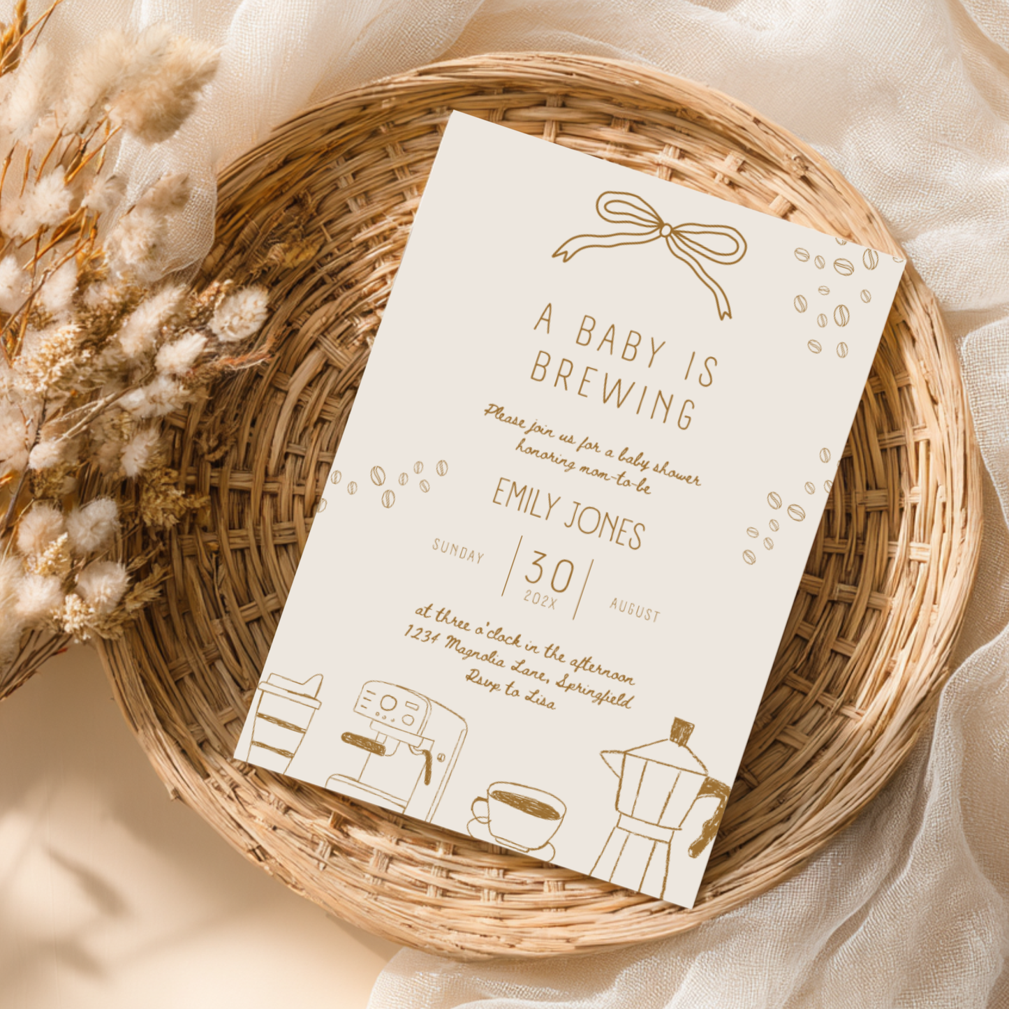 Baby Shower Invitation - A Baby Is Brewing Beige Coffee Theme BS182