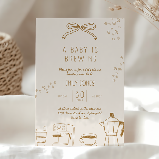 Baby Shower Invitation - A Baby Is Brewing Beige Coffee Theme BS182