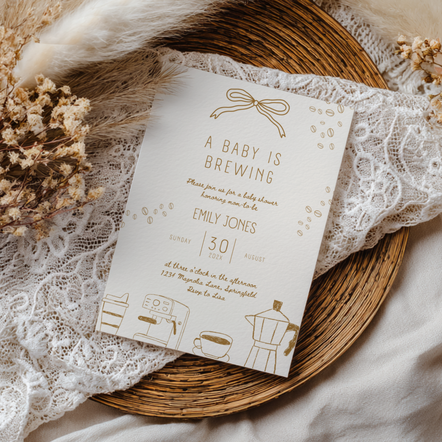 Baby Shower Invitation - A Baby Is Brewing Beige Coffee Theme BS182