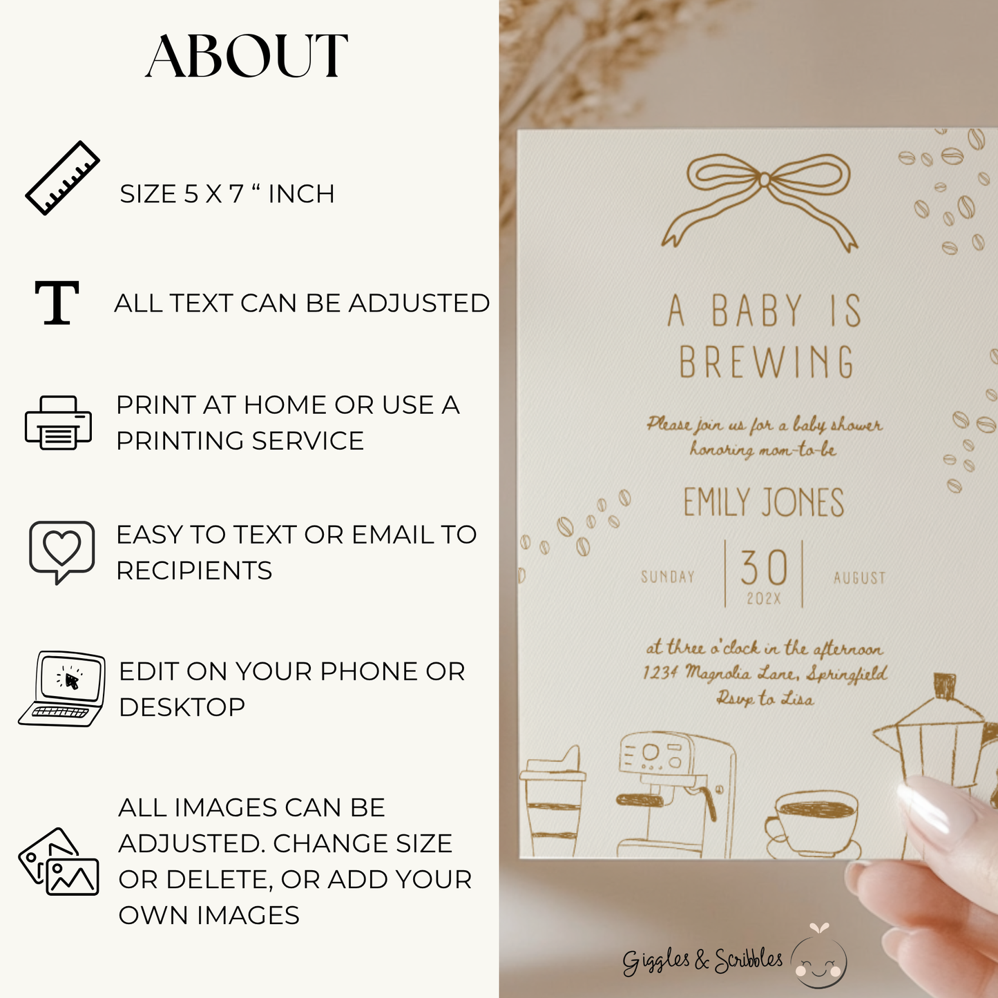 Baby Shower Invitation - A Baby Is Brewing Beige Coffee Theme BS182