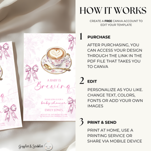 Baby Shower Invitation Bundle - Pink Baby Is Brewing Coffee Theme Toile de Jouy BS62