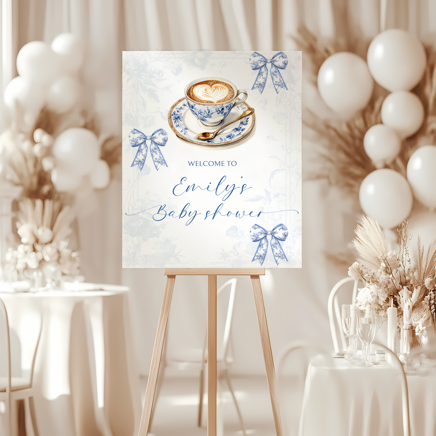 Baby Shower Welcome Sign - Coffee Blue Toile De Jouy A Baby Is Brewing BS62