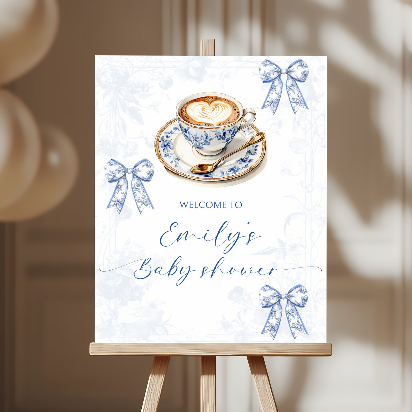 Baby Shower Welcome Sign - Coffee Blue Toile De Jouy A Baby Is Brewing BS62
