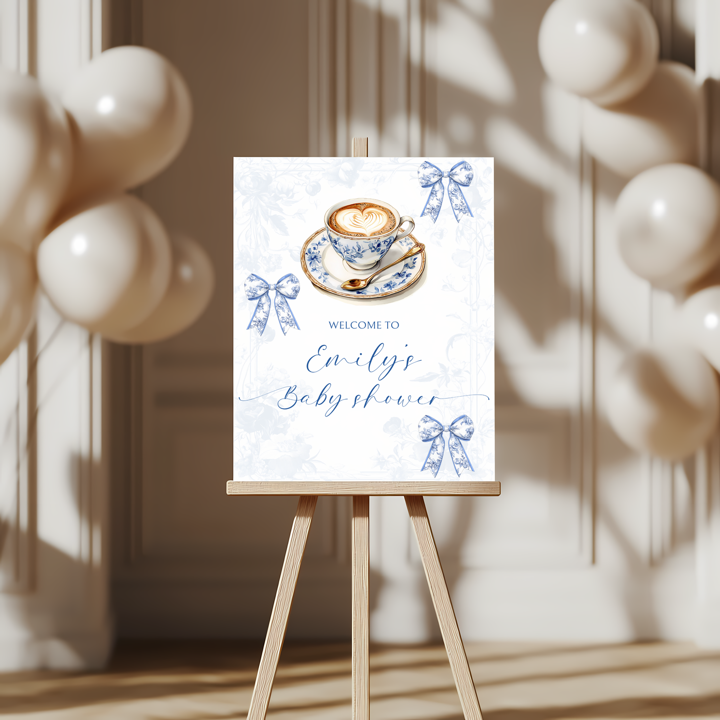 Baby Shower Welcome Sign - Coffee Blue Toile De Jouy A Baby Is Brewing BS62