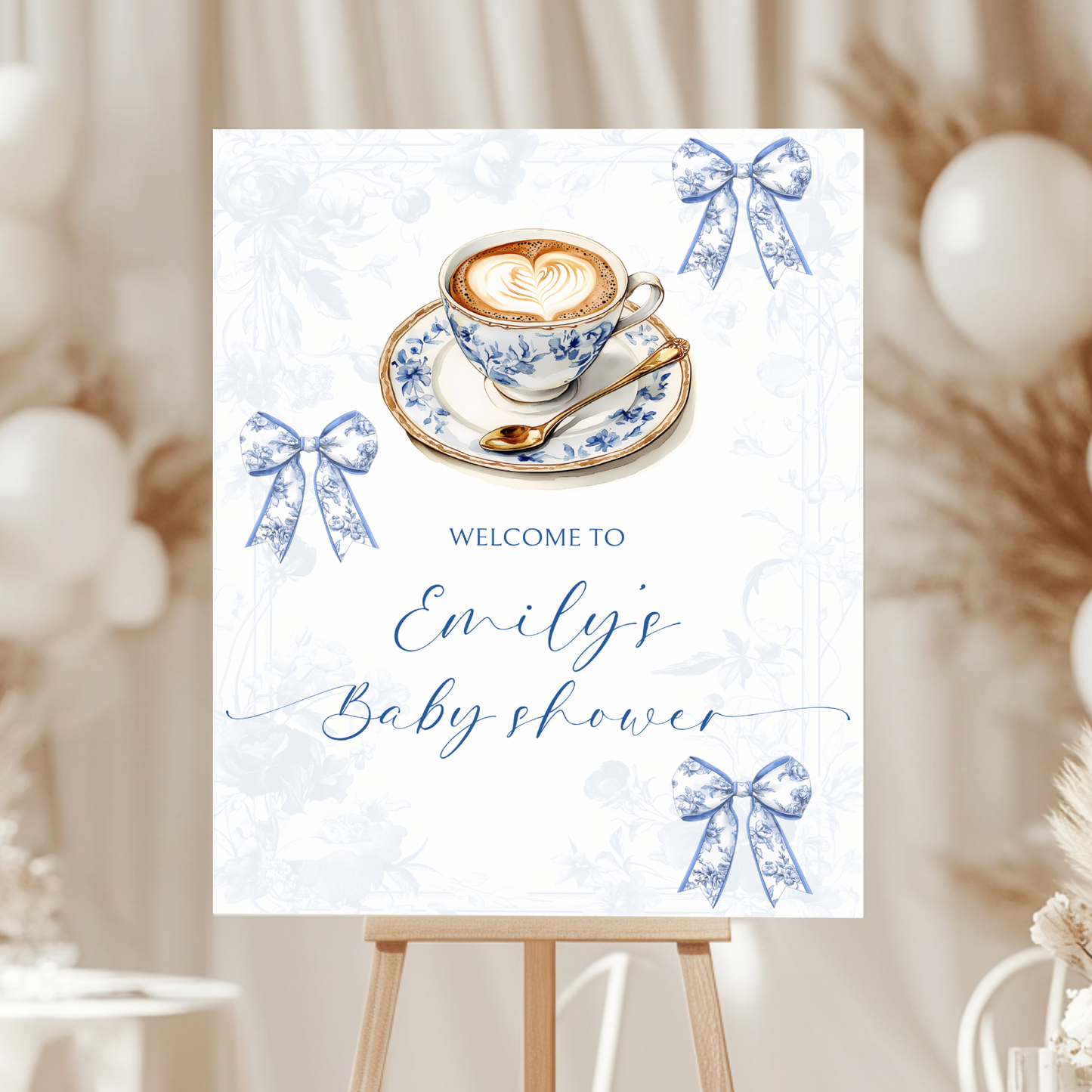 Baby Shower Welcome Sign - Coffee Blue Toile De Jouy A Baby Is Brewing BS62