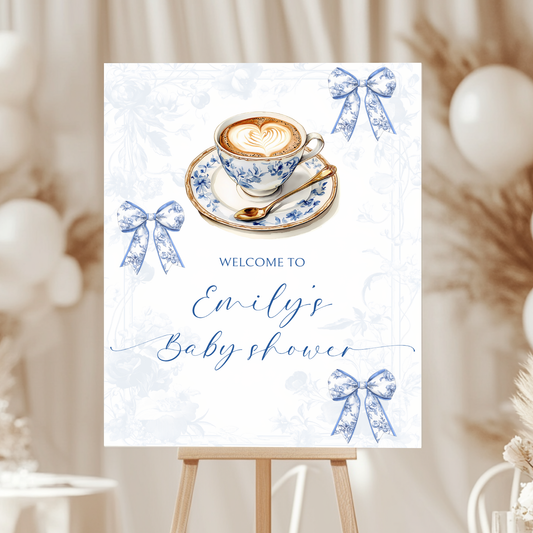 Baby Shower Welcome Sign - Coffee Blue Toile De Jouy A Baby Is Brewing BS62