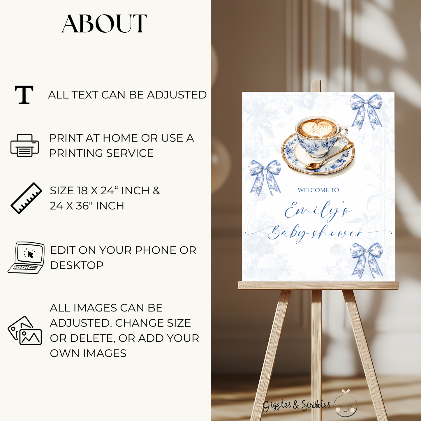 Baby Shower Welcome Sign - Coffee Blue Toile De Jouy A Baby Is Brewing BS62