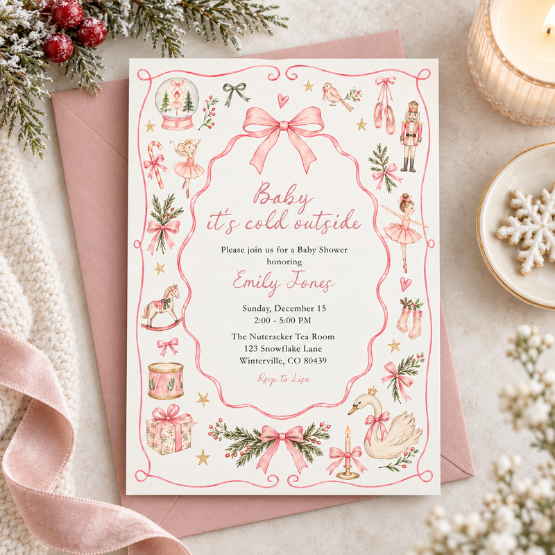 Baby It’s Cold Outside Pink Christmas Baby Shower Invitation BS336