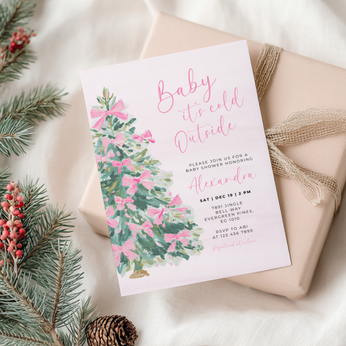 Christmas Tree with Pink Bows Baby Shower Invitation L49
