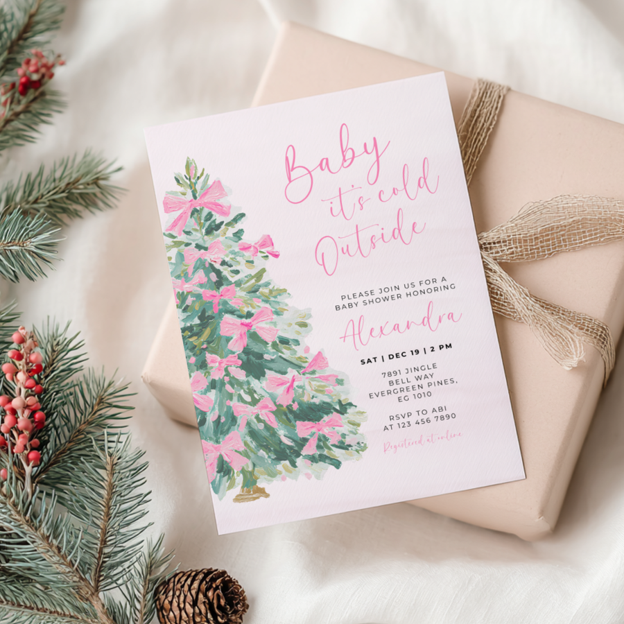 Christmas Tree with Pink Bows Baby Shower Invitation L49