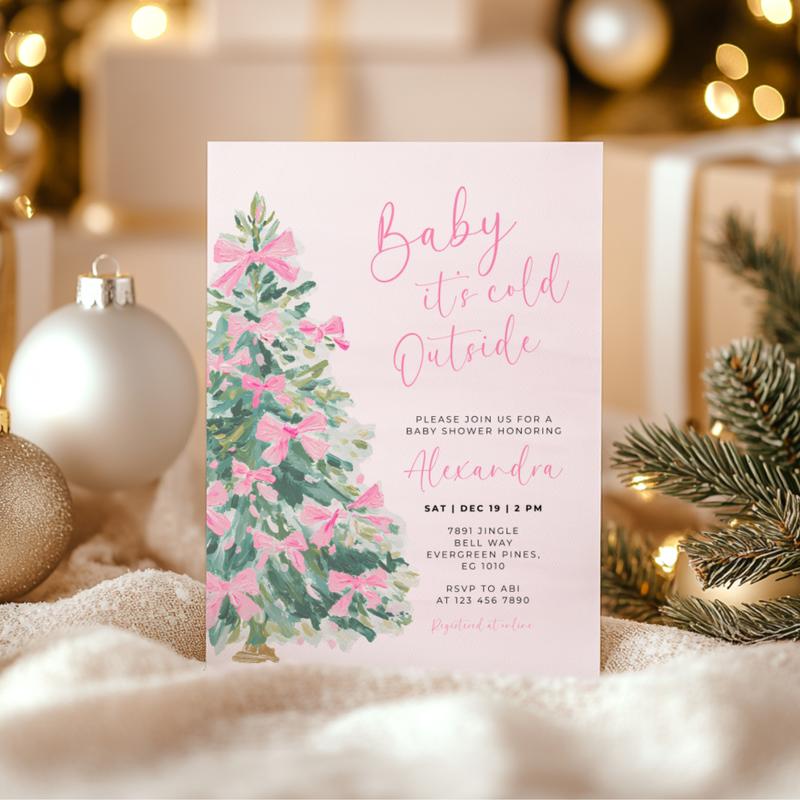 Christmas Tree with Pink Bows Baby Shower Invitation L49
