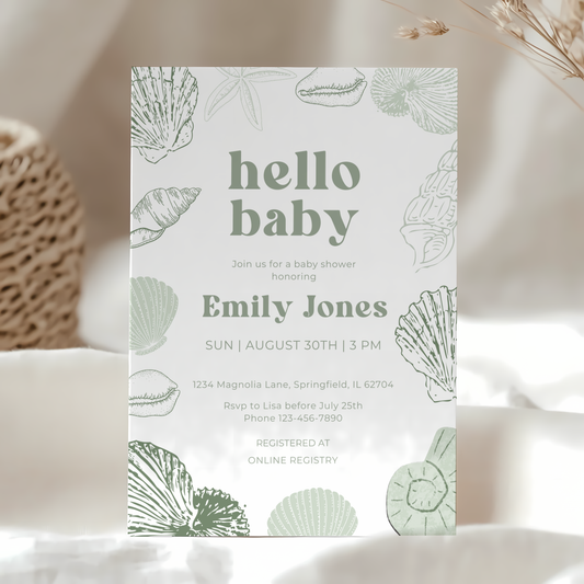 Baby Shower Invitation - Sage Green Ocean Beach Seashells Gender Neutral Baby On Board BS118