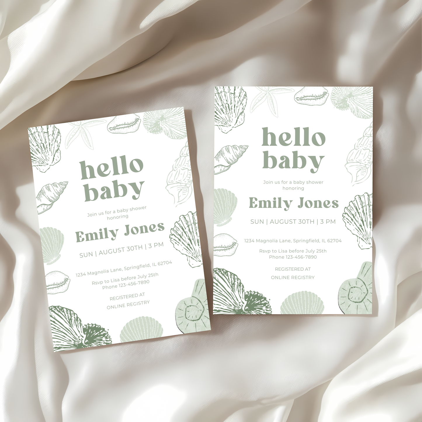 Baby Shower Invitation - Sage Green Ocean Beach Seashells Gender Neutral Baby On Board BS118