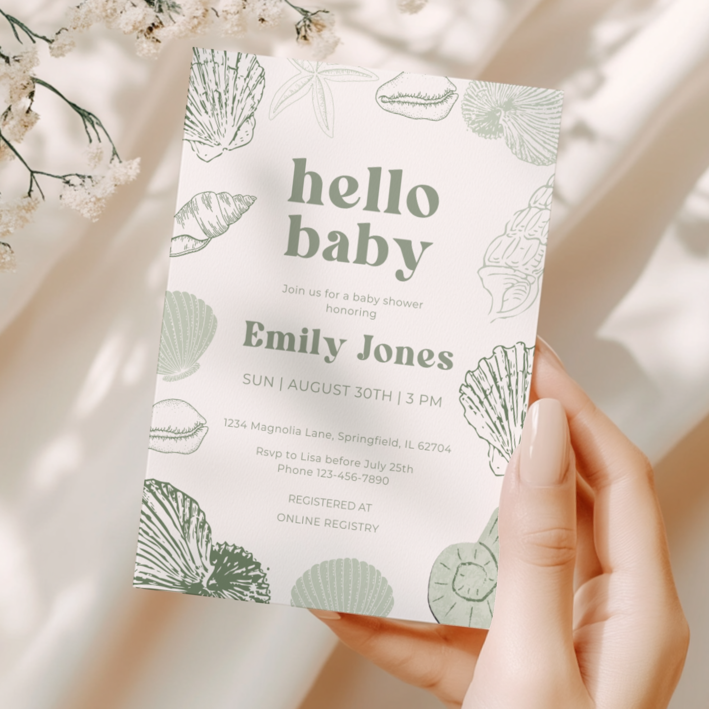Baby Shower Invitation - Sage Green Ocean Beach Seashells Gender Neutral Baby On Board BS118