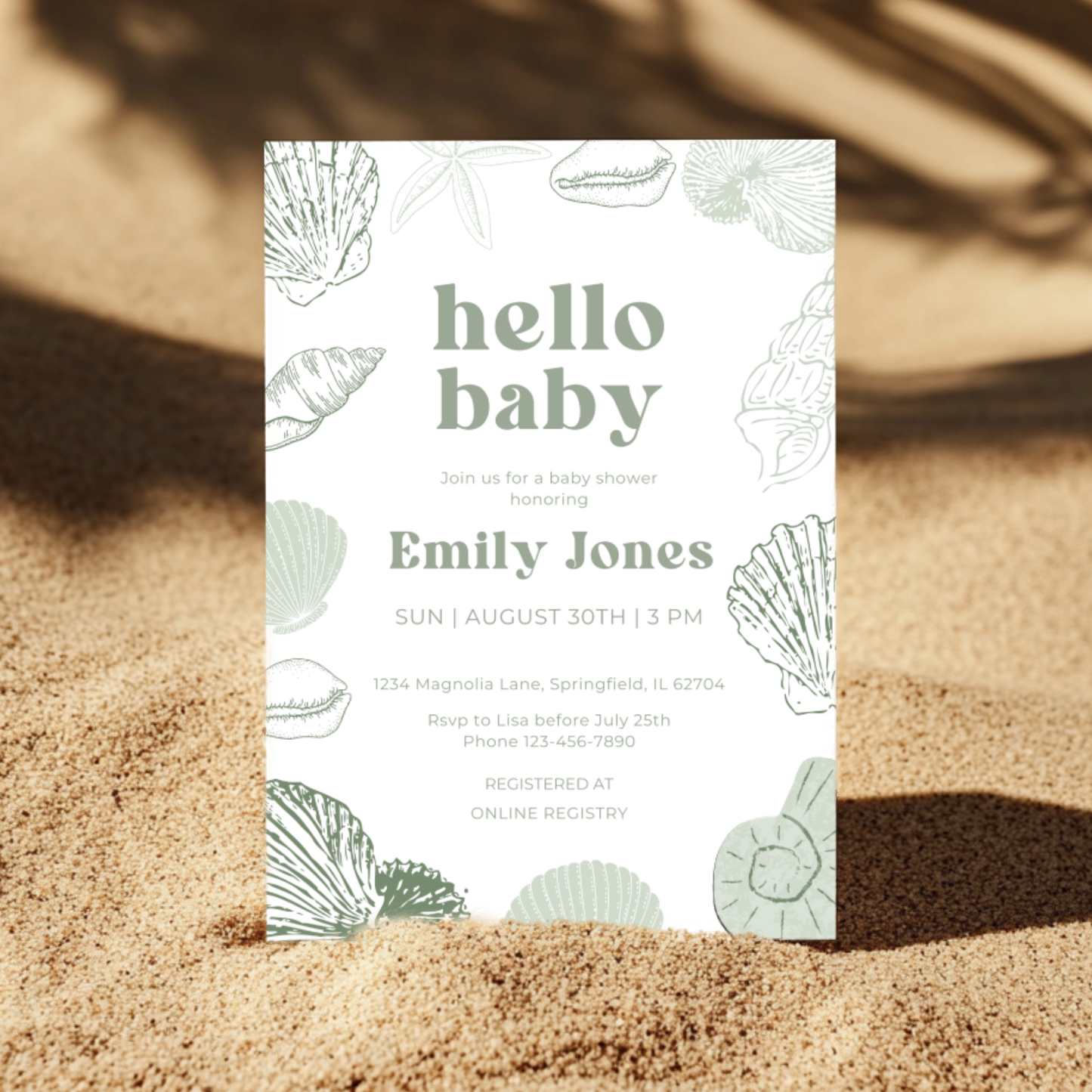 Baby Shower Invitation - Sage Green Ocean Beach Seashells Gender Neutral Baby On Board BS118