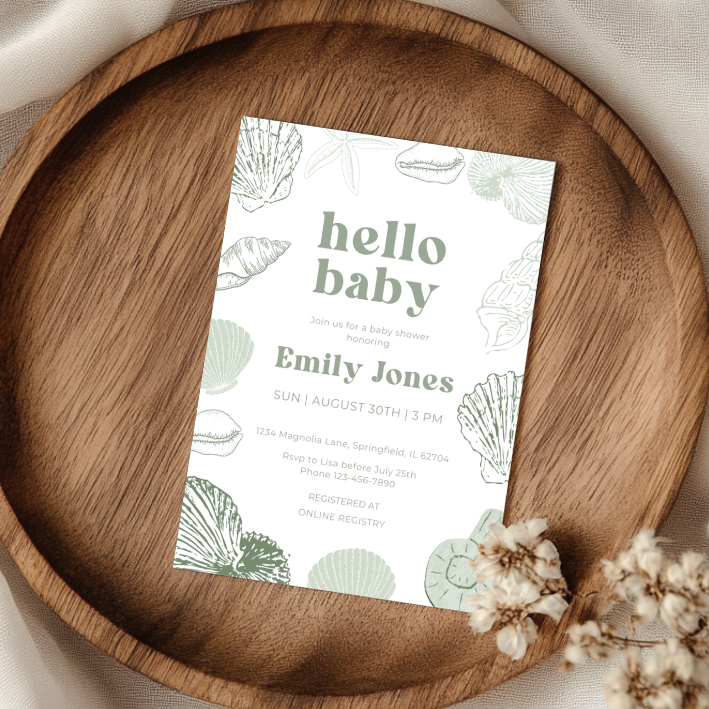 Baby Shower Invitation - Sage Green Ocean Beach Seashells Gender Neutral Baby On Board BS118