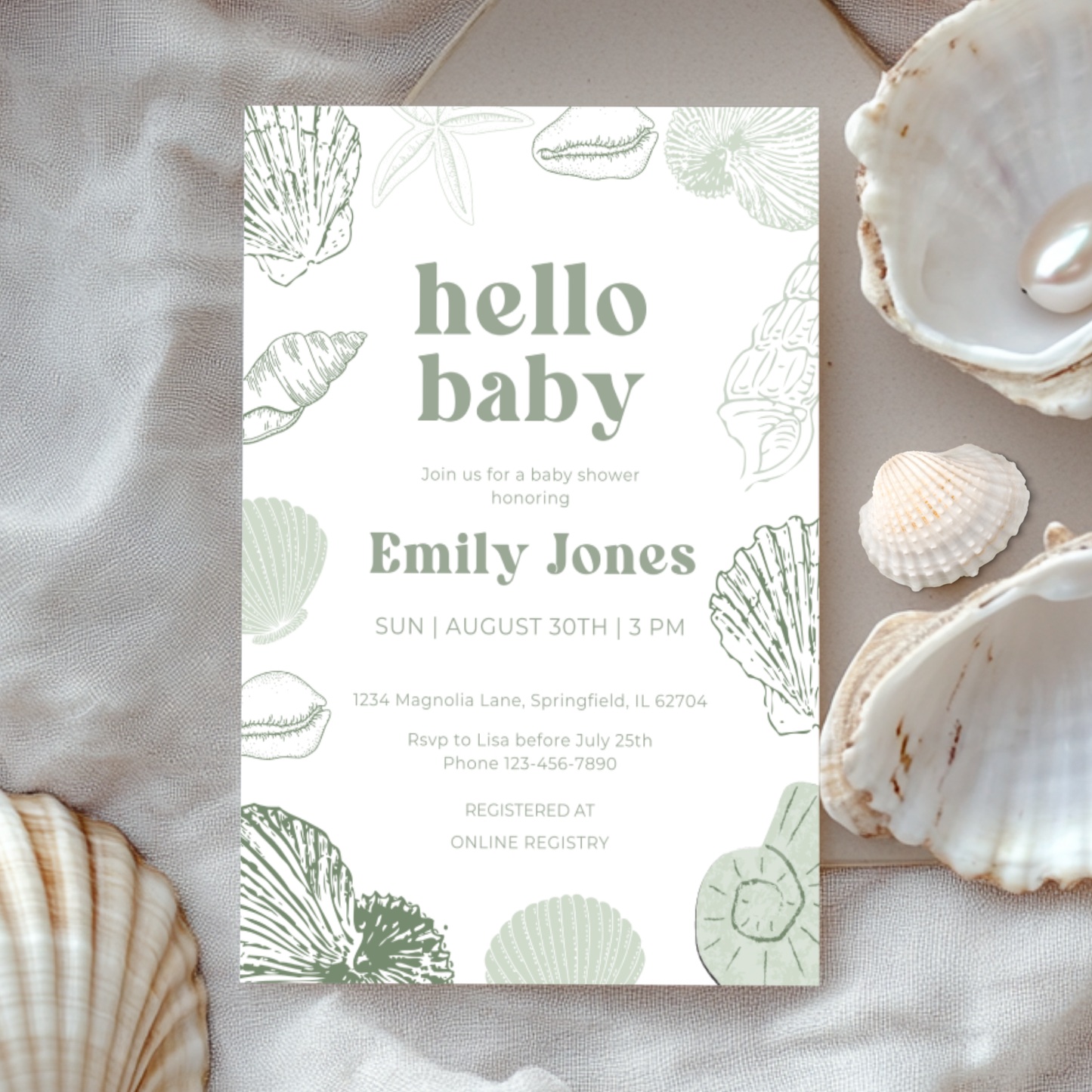 Baby Shower Invitation - Sage Green Ocean Beach Seashells Gender Neutral Baby On Board BS118