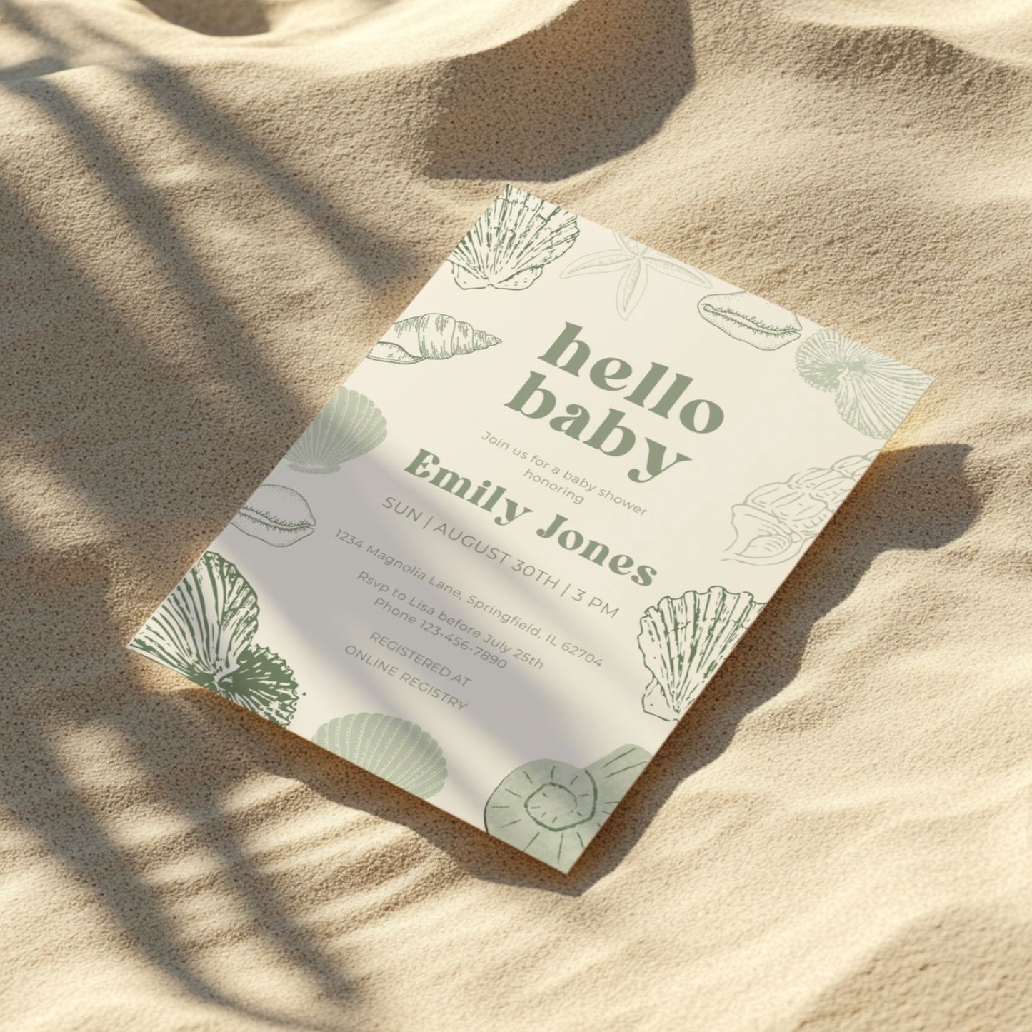 Baby Shower Invitation - Sage Green Ocean Beach Seashells Gender Neutral Baby On Board BS118